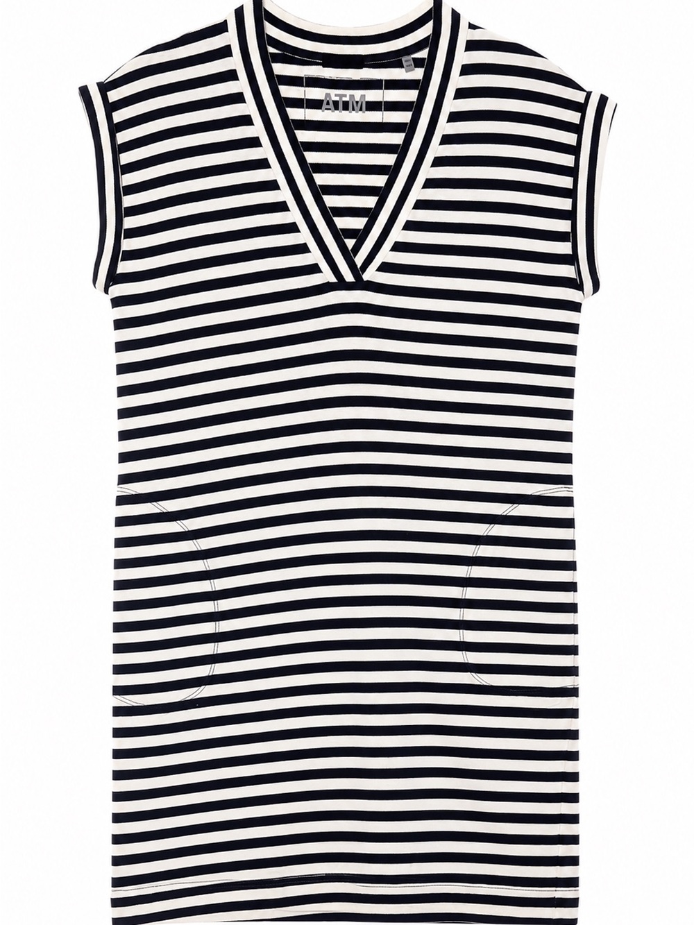 ATM 100% Pima Cotton Black & White Striped V-Neck Dress- XS